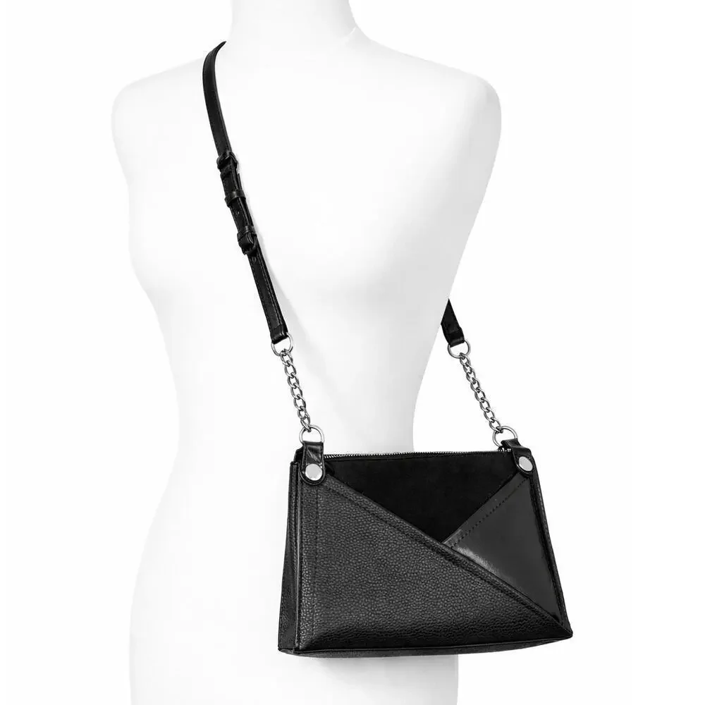 Cejon Black Leather & Suede Crossbody Bag Silver Chain Strap NEW